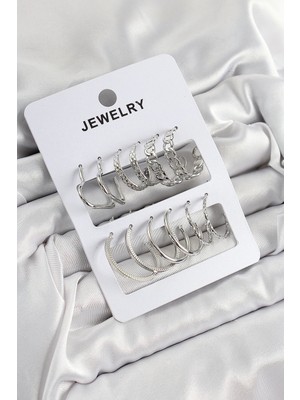 Mey Ithalat® Pirinç Karışık Halka Model Gümüş Renk 6 Çift Kadın Küpe Set
