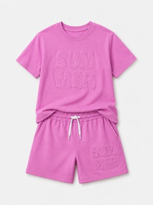 Yiğit Butik Kız Çocuk Summer Kabartma Yazılı Tişört ve Şort Takım