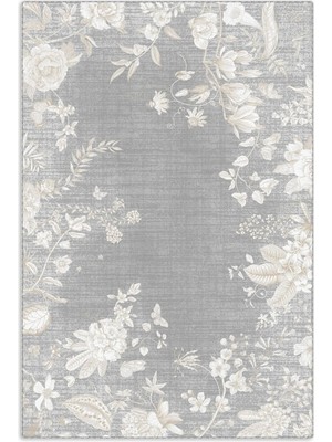 Pastel Home Kaşmir Doku Yumuşak Kaymaz Pamuk Taban Oturma Odası Salon Mutfak Koridor Çiçekli Gri Halı Kilim