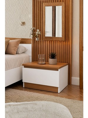 Rudu Asel Komodin 45X42X30 cm 1 Çekmeceli Beyaz-Meşe Yatak Odası Komodin Bebek Odası Genç Odası