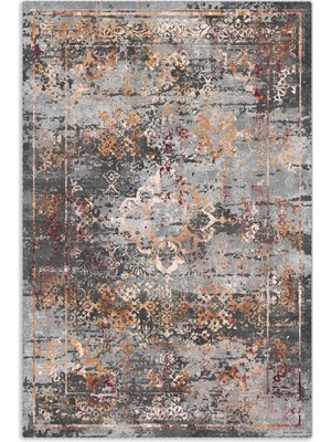Pastel Home Vintage Şönil Halı Kilim Yolluk – Yıkanabilir, Kaymaz Tabanlı, Kendinden Saçaklı, Gri & Turuncu
