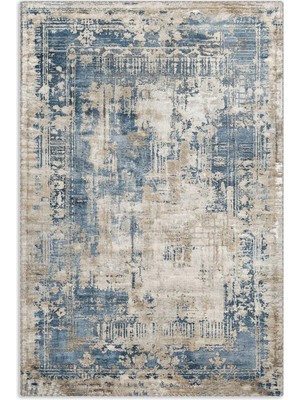Pastel Home Tasarım Çift Taraflı Yıkanabilir Şönil Halı Kilim Yolluk Eskitme Çerçeveli Mavi