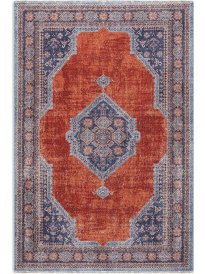 Pastel Home Kendinden Saçaklı Eskitme Mavi Turuncu Kiremit Şönil Halı Kilim Yolluk Klasik Kaymaz Yıkanabilir
