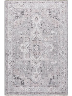 Pastel Home Eskitme Gri Bej Şönil Halı Kilim Yolluk Kendinden Saçaklı Madalyon Desen Yıkanabilir Kaymaz Taban