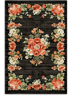 Pastel Home Etnik Çiçekli Karabağ Desenli Şönil Halı Kilim Kaymaz Pamuk Taban Kendinden Saçaklı Yıkanabilir