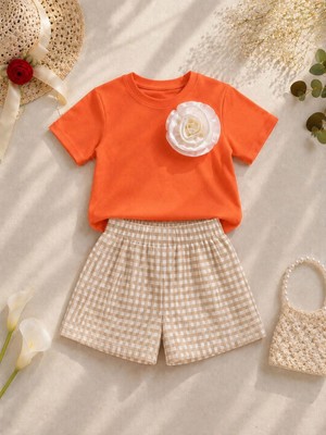 Ponçikids Kız Çocuk Çiçek Aplikeli Tişört Ekose Şort 2’li Yazlık Takım