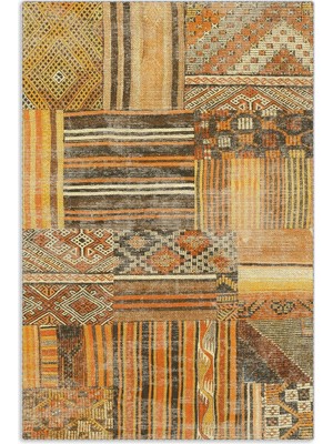 Pastel Home Turuncu Patchwork Şönil Halı Kilim Yolluk Kaymaz Yıkanabilir Saçaklı Salon Koridor Mutfak