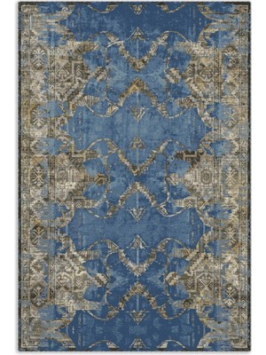 Pastel Home Vintage Bohem Tarzı Mavi Eskitme Şönil Halı Kilim Yolluk Yıkanabilir Kaymaz Kendinden Saçaklı
