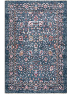 Pastel Home Eskitme Mavi Etnik Desenli Şönil Kendinden Saçaklı Halı Kilim Yolluk Yıkanabilir Kaymaz Taban