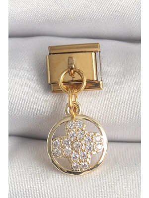 Mey Ithalat® 316L Çelik Gold Renk Sallantı Zirkon Taşlı Yonca Model Nomination Charm