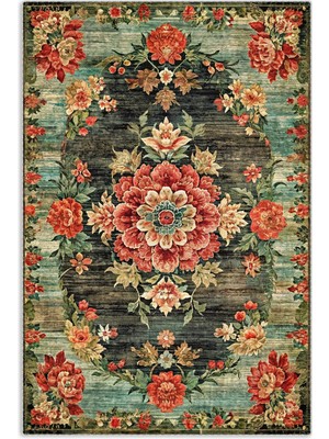 Pastel Home Etnik Çiçekli Karabağ Desenli Şönil Halı Kilim Kaymaz Pamuk Taban Kendinden Saçaklı Yıkanabilir