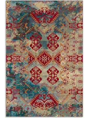 Pastel Home Yeşil Kiremit Etnik Şönil Halı Kilim Yolluk Yıkanabilir Kaymaz Kendinden Saçaklı Salon Koridor