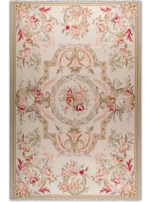 Pastel Home Tasarım Bej Klasik Çiçekli Şönil Halı Kilim Yolluk Kaymaz Saçaklı Yıkanabilir Salon Mutfak Koridor