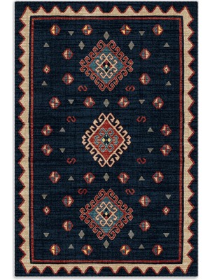 Pastel Home Vintage Lacivert Anadolu Kilim Şönil Halı Yolluk Kaymaz Saçaklı Yıkanabilir Oturma Odası Mutfak