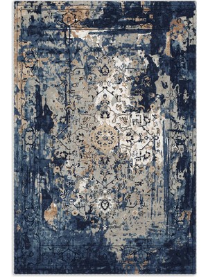 Pastel Home Saçaklı Şönil Pamuk Dekoratif Halı Kilim Yolluk Mavi Lacivert Geçişli Bej Detaylı Tasarım