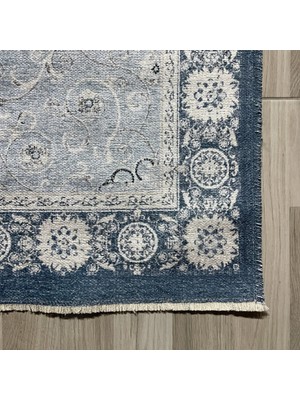 Pastel Home Açık Mavi Klasik Şönil Halı Kilim Yolluk Yıkanabilir Kaymaz Saçaklı