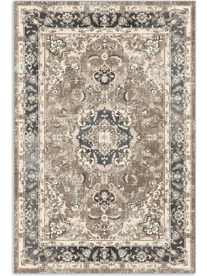 Pastel Home Bej Füme Klasik Desenli Vintage Şönil Halı Kilim Yolluk Kaymaz Yıkanabilir Saçaklı