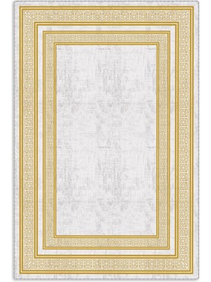 Pastel Home Altın Sarısı Çerçeveli Gri Şönil Halı Yolluk Kilim Salon Koridor Mutfak Kaymaz Yıkanabilir