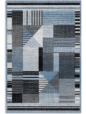 Pastel Home Modern Geometrik Şönil Halı Kilim Yolluk Mavi Gri Siyah Kaymaz Taban Yıkanabilir Saçaklı