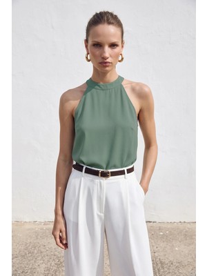 Sateen Halter Yaka Bluz - Mint
