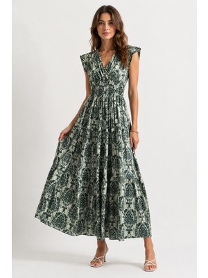 Rosa By Belle Kadın Yeşil Desenli Kruvaze Maxi Elbise 2713