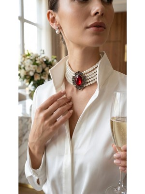 Fayra Accessories Kristal Taşlı Chooker Tasma İnci Kolye