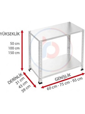 Rafburada 2 Katlı Galvaniz Çelik Raf - Depo, Arşiv, Kiler, Dosya, Market Rafı - 31x60 cm-50 cm-0.70 mm