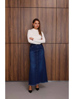 Neways 2252-DENIM Ara Boy Püsküllü  Etek Koyu Mavi