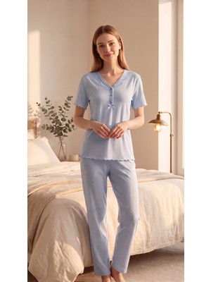Etoile Bambu Kumaş Kısa Kol Fırfır ve Fiyonk Detaylı Puantiyeli Pijama Takım 22037-22038