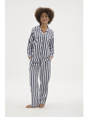 Kly Kadın Mavi Önden Düğmeli Çizgili Gaffur Pijama Takımı C4T3N04
