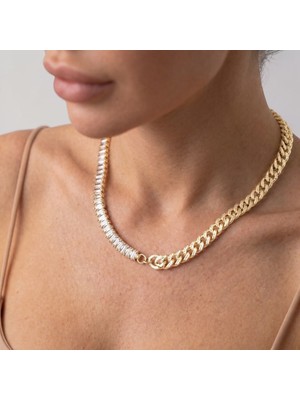 Valmont Accessories Baget Kesim Zirkon Taşlı Gold Zincir Kolye ve Küpe Seti - Düğün, Kına, Nişan Gelin Takı Seti