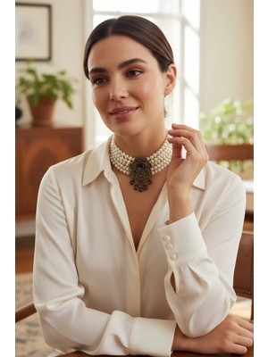 Fayra Accessories Kristal Taşlı Su Damlası Sallantılı İnci Chooker Kolye