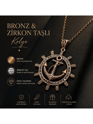 Bulu'us Accessories Bronz Çapa Kolye Zirkon Taşlı Denizci Tasarım Antik Vintage Kolye Kadın Erkek Unisex Hediye