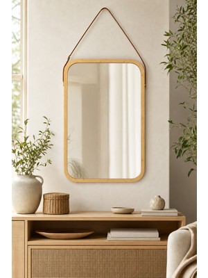 Naturel Dekor Bambu Deri Askılı Dikdörtgen Dekoratif Ayna 57 Cm, Bohem, Iskandinav, Modern, Hasır, Bambu