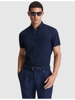 Pierre Cardin Erkek Lacivert Keten Karışımlı Regular Fit Kısa Kollu Gömlek 50320933-VR033