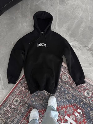 İkales Ikales Uzun Kol Kapşonlu Göğüs Baskılı Sweatshirt - Siyah