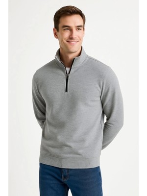 İkales Ikales Erkek Dik Yaka Sweatshirt Dik Yaka Yarım Fermuarlı 3 Iplik Şardonlu Pamuk Kumaş - Gri