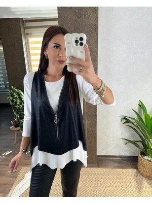 İkales Ikales Kadın Uzun Kollu Asimetrik Kesim Viskon Bluz ve Çatlak Deri Görünümlü Yelek Ikili Takım