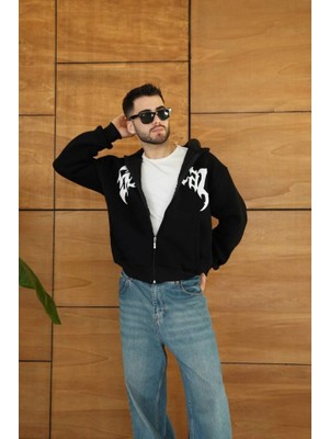 İkales Ikales Erkek Kapüşonlu Sweatshirt  Hoodie 3 Iplik Şardonlu Pamuklu Kumaş, Önü Baskılı, Fermuarlı Rahat Kalıp, Kışlık ve Sokak Stili Sweat - Siyah