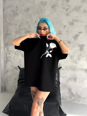İkales Ikales Unisex Bisiklet Yaka Baskılı Oversize T-Shirt - Siyah