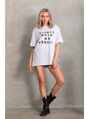 İkales Ikales Unisex Baskılı Oversize T-Shirt - Beyaz