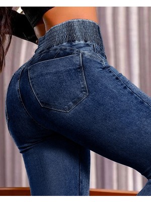 İkales Ikales Kadın Yüksek Bel Yanları Lastik Önü Düğmeli Kot Pantolon