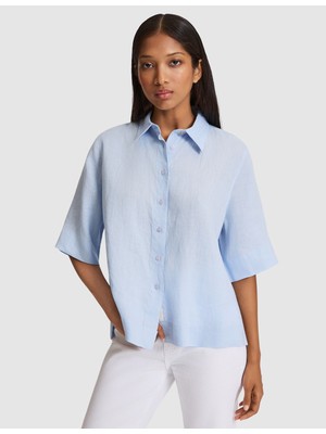 Pierre Cardin Kadın Mavi Oversize Kısa Kollu %100 Keten Gömlek 50327834-VR249