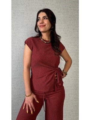 İkales Ikales Kadın Kısa Kollu Bisiklet Yaka Yandan Bağlamalı Bürümcük Bluz ve Pantolon Ikili Takım