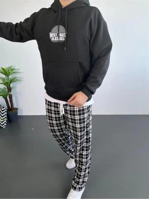 İkales Ikales Erkek Oversize Üç Iplik Kapüşonlu Sweatshirt – Siyah Sırt ve Ön Baskılı, Kanguru Cepli, Rahat Kalıp, Içi Pamuklu Model-Siyah