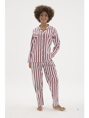 Kly Kadın Bordo Önden Düğmeli Çizgili Gaffur Pijama Takımı C4T3N04