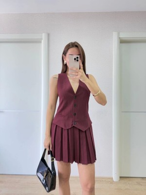 İkales Ikales Takım Görünümlu Yelekli Mini Elbise- Bordo