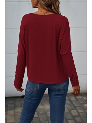 İkales Ikales Kadın Uzun Kollu V Yakalı Yarasa Kollu Viskon Bluz