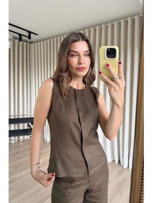 Sue Store Kahverengi  Kolsuz Bluz Pantolon Keten Takım