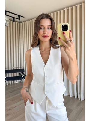 Sue Store Beyaz Önü Düğmeli Astarlı Yelek Pantolon Takım